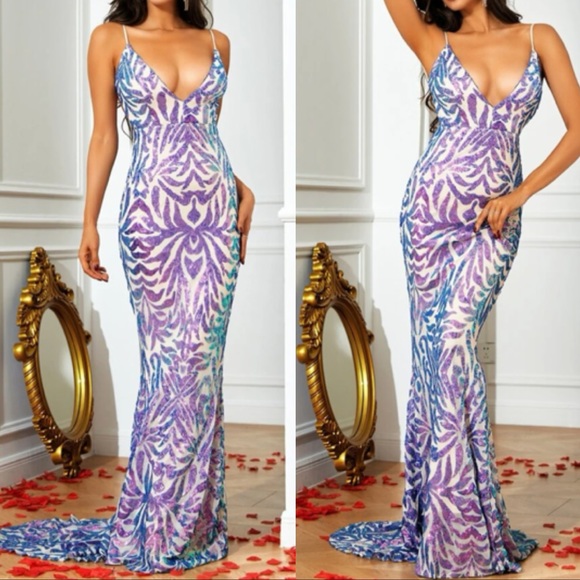 LAST PIECE Luxurious sequins mermaid hem backless prom evening party formal gown - Picture 3 of 9